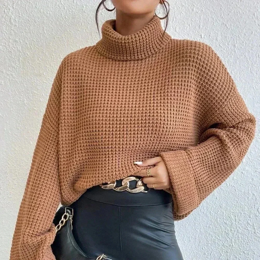 Camel Casual Women's Turtleneck Drop Shoulder Waffle Knit Sweater